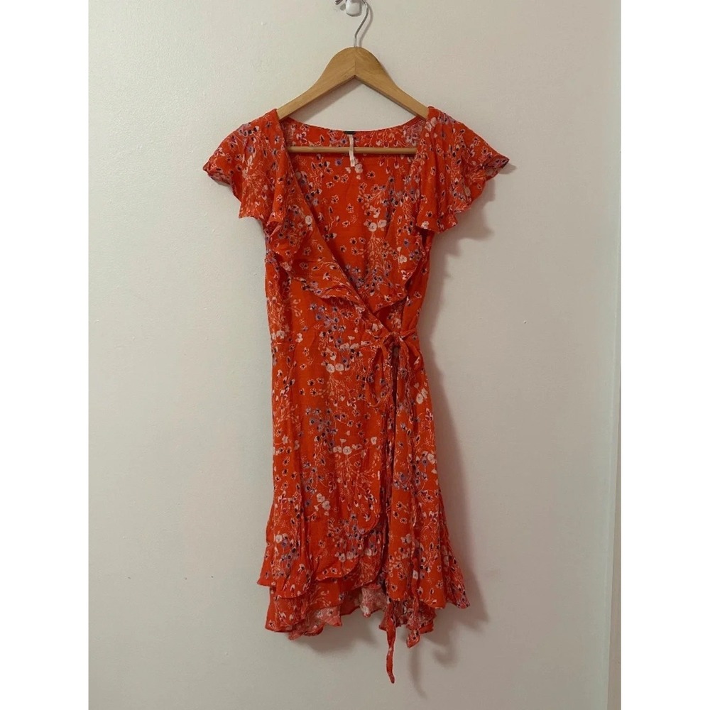 Free People Orange Floral‎ Ruffle Wrap Short Flutter Sleeve Mini Dress | Size XS